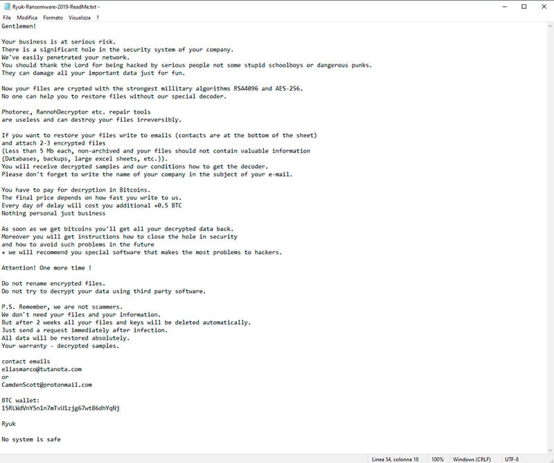 Ryuk Ransomware 2019 ReadMe Ryuk Ransomware 2019 ReadMe