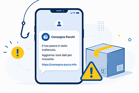 Truffa SMS a tema consegne pacchi: esempio di messaggio di smishing su smartphone