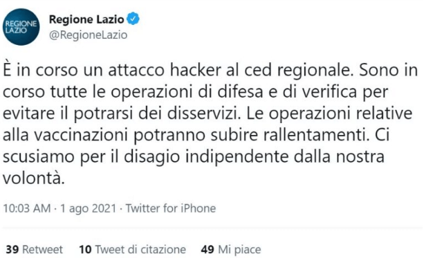 tweet attacco hacker Lazio