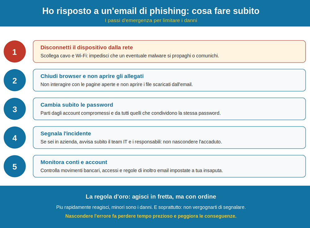 Checklist dei cinque passi da fare subito se hai risposto a un'email di phishing: disconnetti la rete, chiudi il browser, cambia le password, segnala e monitora ho risposto email phishing cosa fare