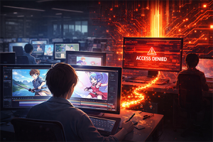 Attacchi informatici nell'entertainment: perché gli studi di animazione sono i nuovi bersagli Illustrazione che rappresenta un attacco informatico contro uno studio di animazione giapponese