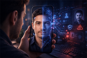 Illustrazione che rappresenta un volto digitale alterato con tecniche di deepfake per una frode d'identità sintetica