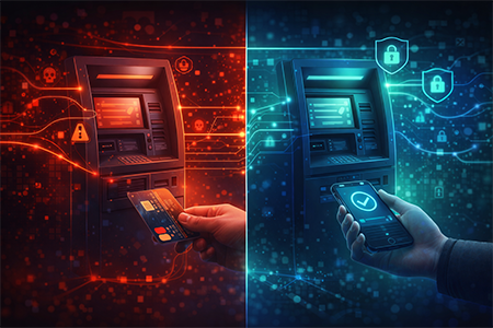 Illustrazione che rappresenta gli attacchi ai bancomat e ai sistemi di pagamento fisico e le misure di protezione contro le frodi