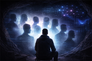 Illustrazione che rappresenta la metafora della caverna di Platone applicata all'identità digitale e ai deepfake