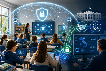 cybersecurity-nelle-scuole-image Illustrazione che rappresenta l'introduzione della cybersecurity nelle scuole italiane attraverso il protocollo tra MIM e ACN