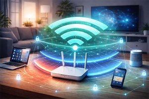 Evoluzione del Wi-Fi: da WEP a WPA3 e le reti intelligenti Illustrazione che rappresenta l'evoluzione dei protocolli di sicurezza Wi-Fi dal WEP al WPA3 fino alle reti intelligenti