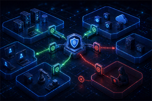 Microsegmentazione Zero Trust: cos'è, come funziona e perché implementarla Illustrazione che rappresenta l'architettura di microsegmentazione zero trust applicata a una rete aziendale distribuita