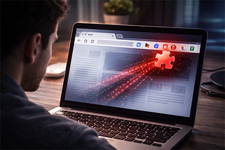 Illustrazione che rappresenta i rischi per la sicurezza delle estensioni del browser e come proteggersi