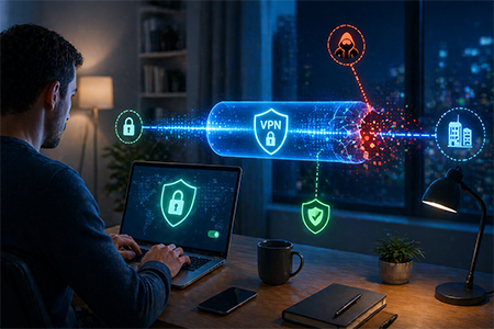 Illustrazione che rappresenta le vulnerabilità delle VPN aziendali e gli attacchi informatici alle reti private virtuali