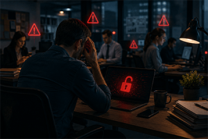 Illustrazione che rappresenta le abitudini digitali errate che espongono le aziende agli attacchi informatici