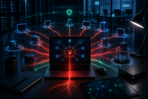 Attacchi agli endpoint di gestione: cosa sono e come difendersi Illustrazione che rappresenta un attacco informatico agli endpoint di gestione di un'infrastruttura IT aziendale