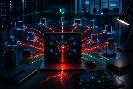 attacchi-endpoint-gestione-image Illustrazione che rappresenta un attacco informatico agli endpoint di gestione di un'infrastruttura IT aziendale