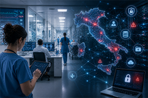 Illustrazione che rappresenta gli attacchi informatici alla sanità italiana e le misure di cybersecurity per proteggere i dati dei pazienti
