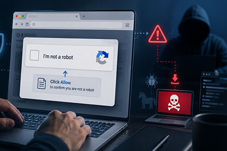 Illustrazione che rappresenta un falso CAPTCHA utilizzato per installare malware sul dispositivo della vittima