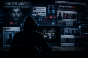 Hunter Moore: l'uomo più odiato di Internet e la storia di IsAnyoneUp. Illustrazione che rappresenta il caso Hunter Moore e il sito IsAnyoneUp legato al fenomeno del revenge porn