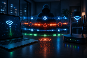 Illustrazione che rappresenta un Key Reinstallation Attack che sfrutta la vulnerabilità del protocollo WPA2 per intercettare dati su reti Wi-Fi