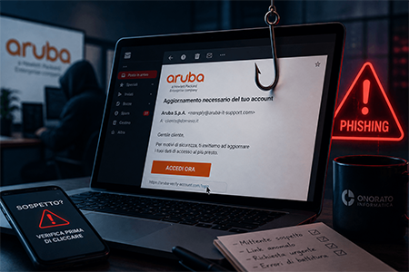 Illustrazione che rappresenta una campagna di phishing che sfrutta il nome di Aruba con finte fatture non pagate per rubare dati e credenziali