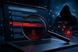 SEO Poisoning: cos'è l'avvelenamento da SEO e come difendersi Illustrazione che rappresenta un attacco di SEO poisoning con siti web fasulli posizionati in alto nei risultati dei motori di ricerca