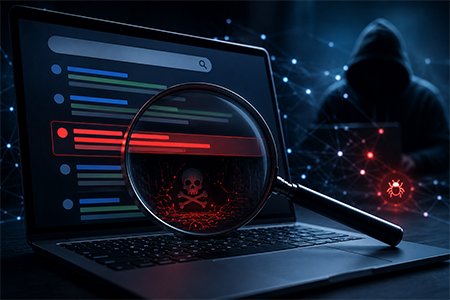 Illustrazione che rappresenta un attacco di SEO poisoning con siti web fasulli posizionati in alto nei risultati dei motori di ricerca