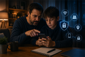 Illustrazione che rappresenta un genitore che controlla la sicurezza dello smartphone del figlio con consigli su app, social e privacy