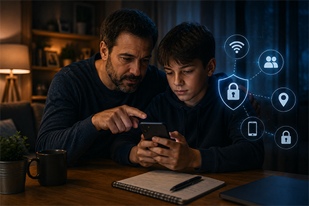 Illustrazione che rappresenta un genitore che controlla la sicurezza dello smartphone del figlio con consigli su app, social e privacy