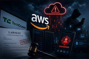 Illustrazione che rappresenta l'inchiesta di TechCrunch sui dati delle vittime di stalkerware ospitati sui server Amazon AWS