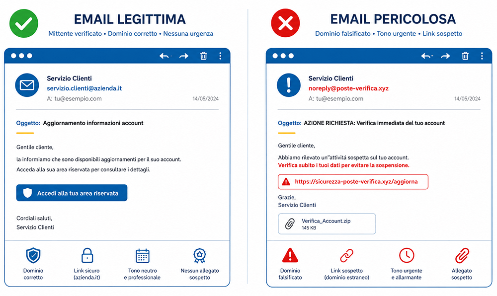 Confronto tra un'email sicura e un'email pericolosa di phishing email sicura vs email pericolosa confronto