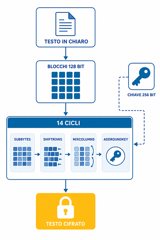 Infografica del processo di cifratura AES-256: dai blocchi ai 14 cicli fino al testo cifrato infografica cifratura aes 256