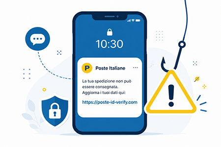 sms truffa poste italiane smishing SMS truffa Poste Italiane: esempio di messaggio di phishing fraudolento su smartphone