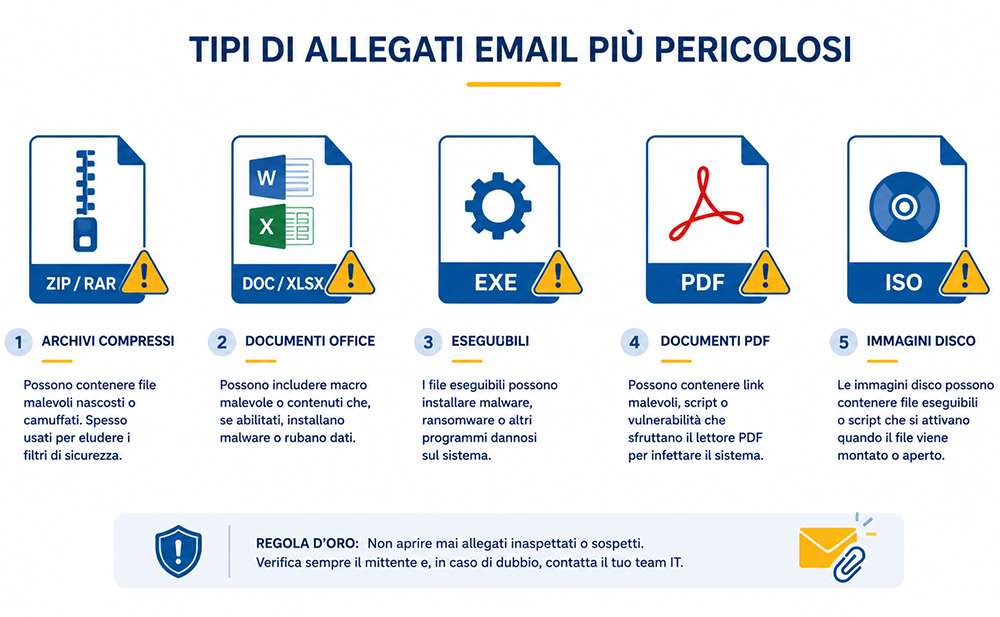 I tipi di allegato email più pericolosi: ZIP, Office, EXE, PDF e ISO tipi allegati email piu pericolosi