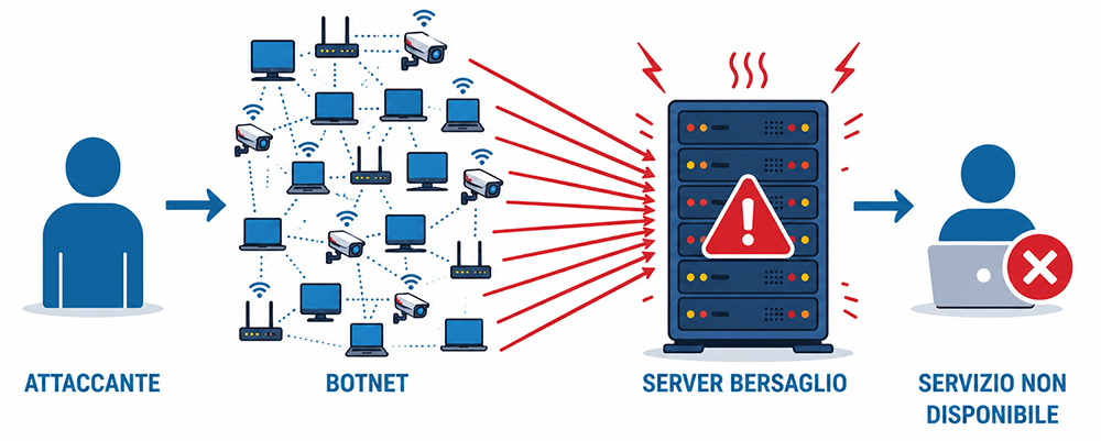Anatomia di un attacco DDoS: dall'attaccante alla botnet fino al server bersaglio anatomia attacco ddos infografica