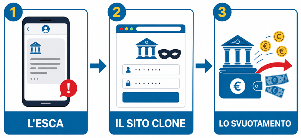 Le tre fasi del phishing bancario: l'esca, il sito clone e lo svuotamento del conto come funziona phishing bancario fasi