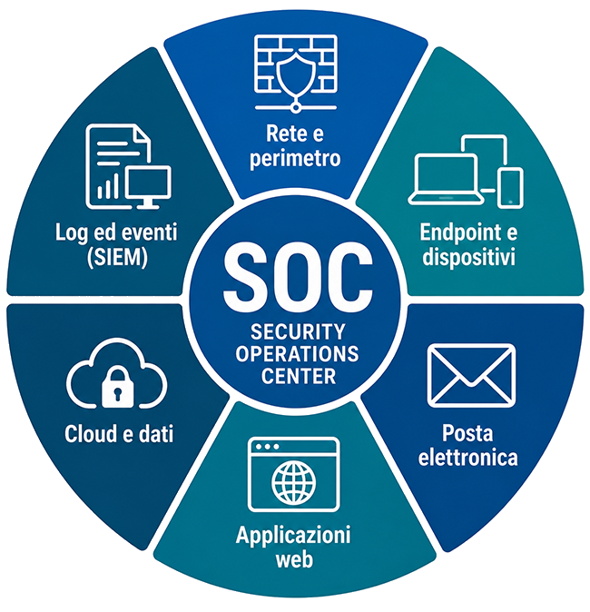 Le sei aree presidiate dal SOC: rete e perimetro, endpoint, posta elettronica, applicazioni web, cloud e dati, log ed eventi