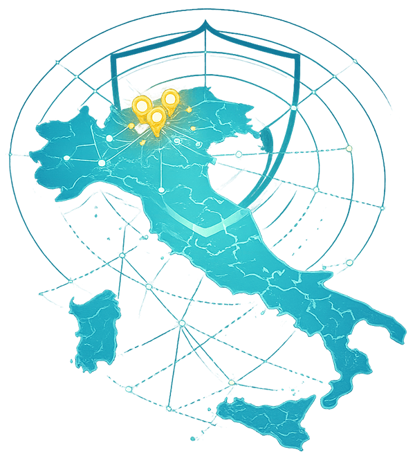 Mappa dell'Italia con le sedi di Onorato Informatica, il SOC che monitora aziende in tutto il Paese