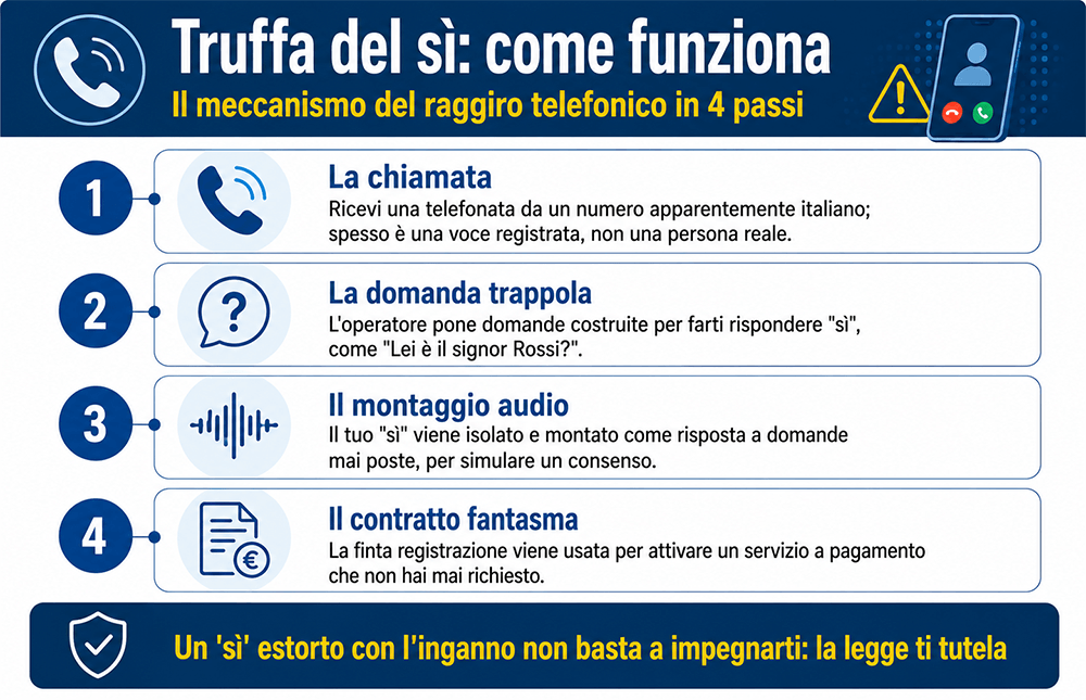 Come funziona la truffa del sì in quattro passi: la chiamata, la domanda trappola, il montaggio audio e il contratto non richiesto truffa del si come funziona
