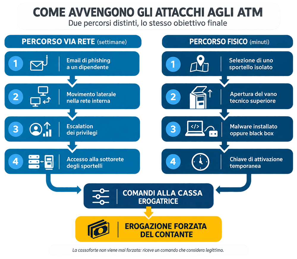 I due percorsi di attacco agli ATM: via rete dal phishing alla sottorete degli sportelli, e fisico dall'apertura del vano tecnico all'erogazione forzata malware atm due percorsi attacco