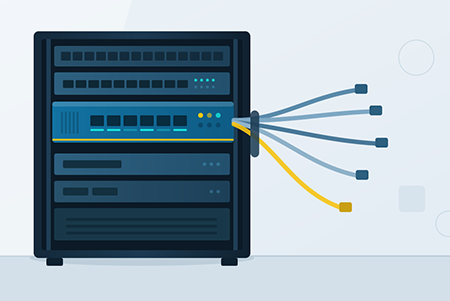 unified threat management firewall utm Apparato firewall installato nel rack di rete di una piccola azienda con i cavi collegati